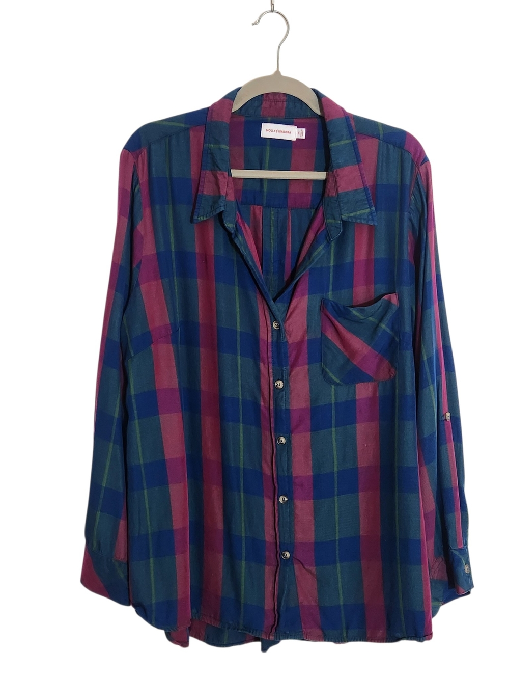 Molly & Isadora Burgundy and Blue Plaid Button Up Blouse Size 2X